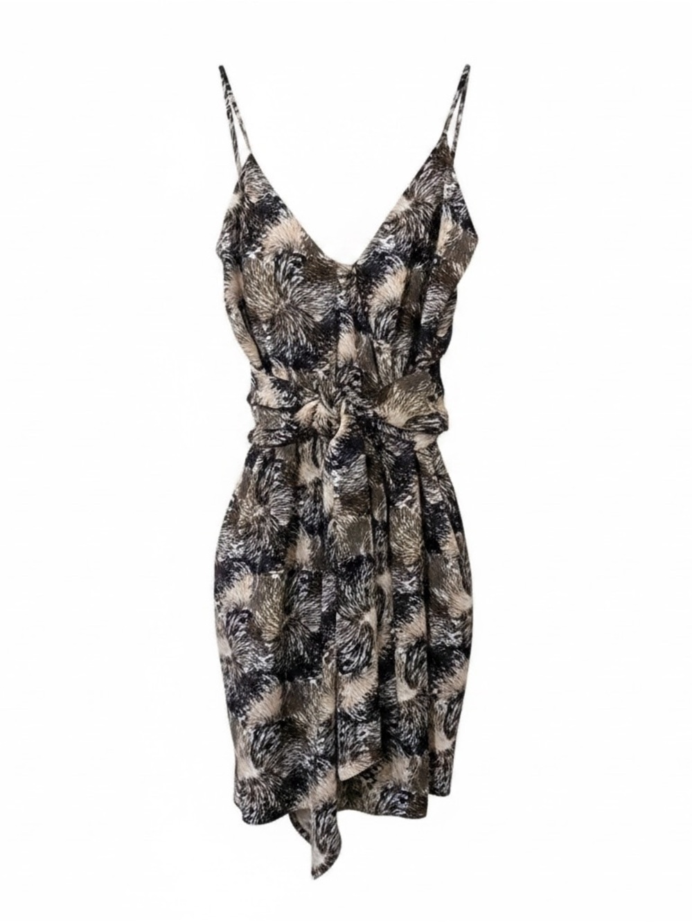 Halston Heritage Silk Brown Tan Cream Print Beaded Tie Waist Sun Dress Size 4
